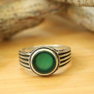 925 Sterling Silver Mens Rings Green Agate